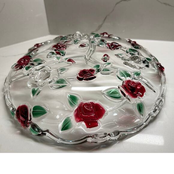 Round Mikasa Rose Garden Crystal 3-Part Divided Relish Dish 13.25” Discontinued - Picture 6 of 7